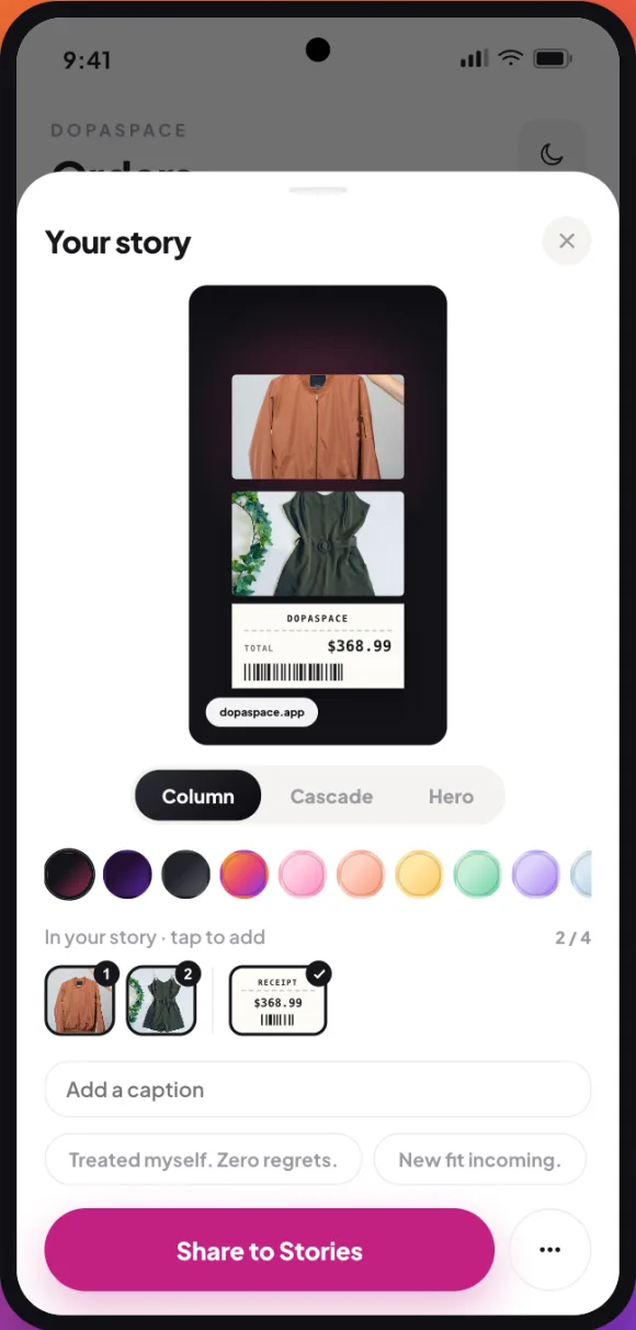 An order shared as a Story card